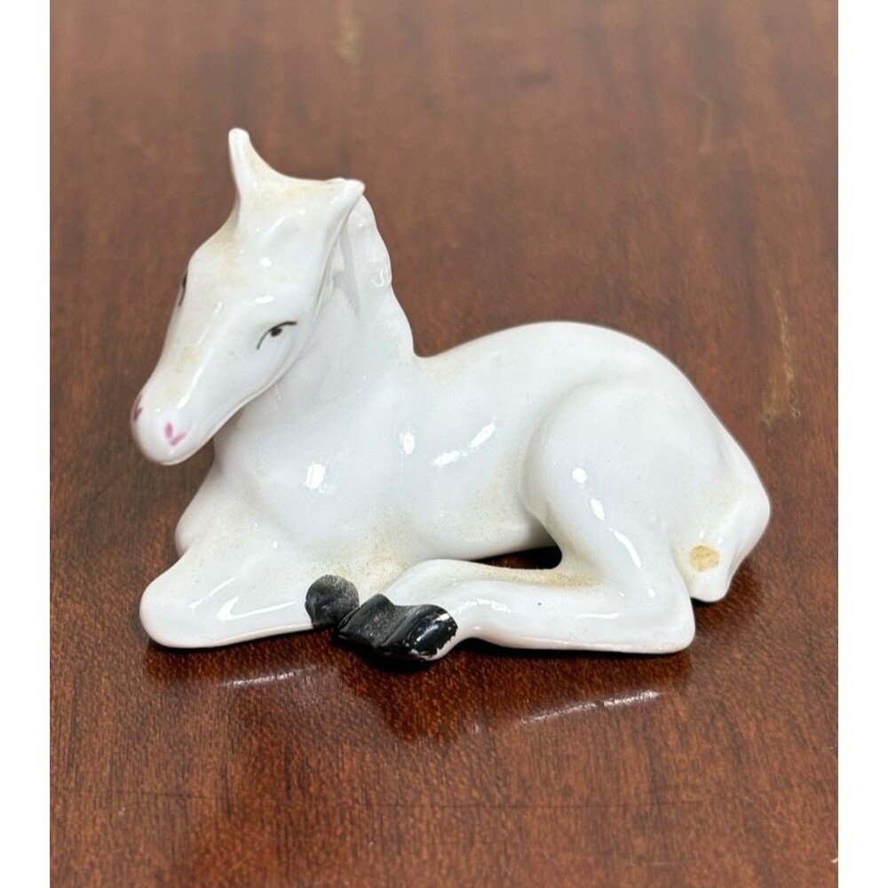 Vintage Miniature White Foal Figurine Laying Down Porcelain Marked Germany Horse
